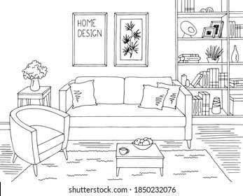 Living room graphic. Black and white home interior sketch, vector illustration.