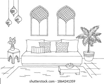 Living room graphic black white Arabic home interior sketch illustration vector