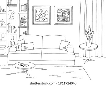 Wohnraumgrafische schwarz-weiße Innenausstattung, Skizze Vektorgrafik 