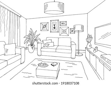 Living room graphic black white home interior sketch illustration vector  - Shutterstock ID 1918037108