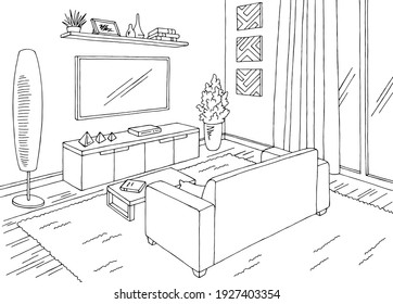 Living room graphic black white home interior sketch vector