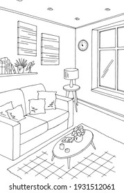 Living room graphic black white home interior vertical sketch illustration vector 