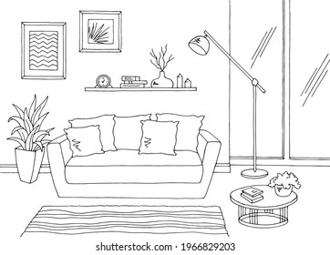 Living room graphic black white home interior sketch illustration vector  - Shutterstock ID 1966829203