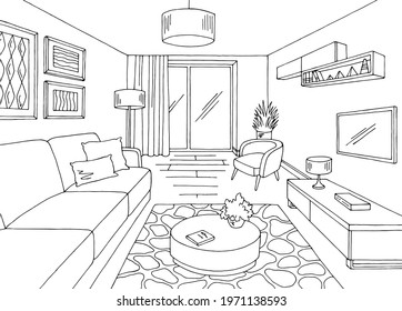 Living room graphic black white home interior sketch illustration vector 