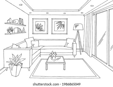 Living room graphic black white home interior sketch illustration vector 