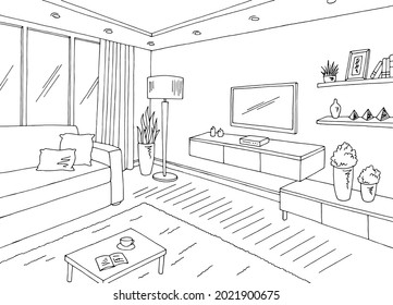 Living room graphic black white home interior sketch illustration vector 