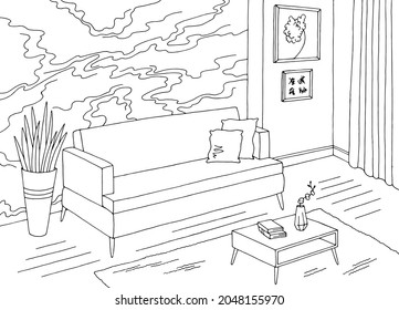 Living room graphic black white home interior sketch illustration vector 