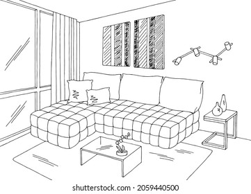 Living room graphic black white home interior sketch illustration vector 