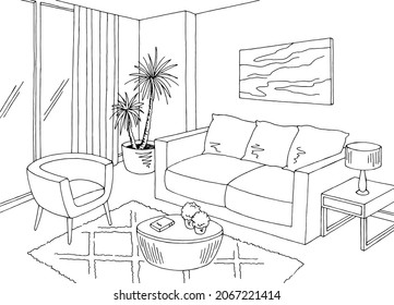 Living room graphic black white home interior sketch illustration vector 