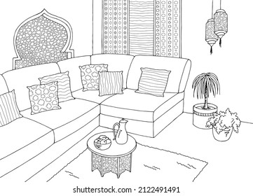 Living room graphic black white Arabic home interior sketch illustration vector 