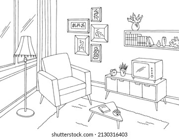 Living room graphic black white vintage home interior sketch illustration vector 