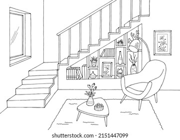 Sala de estar gráfico blanco negro dibujo interior gráfico vector 