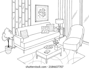 Living room graphic black white interior sketch illustration vector 
