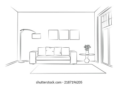 Living room graphic black white home interior sketch illustration vector - Shutterstock ID 2187196205