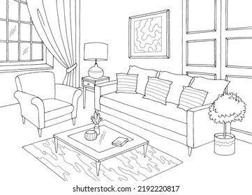 Sala de estar gráfico blanco negro dibujo interior gráfico vector 