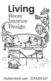 Living room graphic black white home interior sketch illustration vector, hand drawn style.