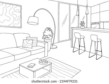 Sala de estar gráfico blanco negro dibujo interior gráfico vector 