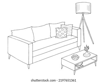 Living room graphic black white interior isolated sketch illustration vector 