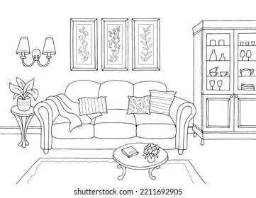 Living room graphic black white interior sketch illustration vector 