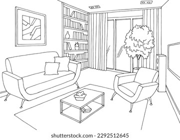 Living room graphic black white interior sketch illustration vector 