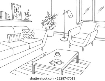 Sala de estar gráfico blanco negro blanco de la sala interior dibujo gráfico vector 