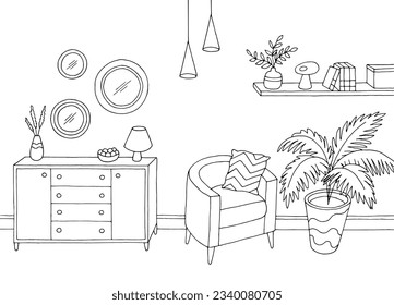 Living room graphic black white interior sketch illustration vector 