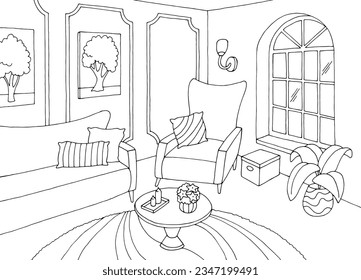 Living room graphic black white home interior sketch illustration vector 