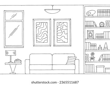 Living room graphic black white home interior sketch illustration vector 