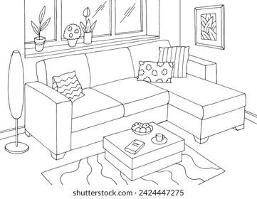 Living room graphic black white home interior sketch illustration vector 