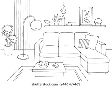 Ilustración de boceto de interior de hogar blanco negro gráfico de sala de estar Vector 