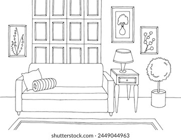 Living room graphic black white home interior sketch illustration vector 