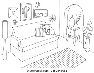 Ilustración de boceto de interior de hogar blanco negro gráfico de sala de estar Vector 