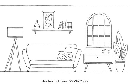 Living room graphic black white home interior sketch illustration vector 