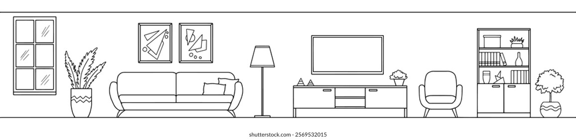 Living room graphic black white home interior sketch long illustration vector 