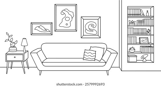 Living room graphic black white interior sketch illustration vector 