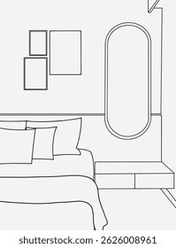 Living room graphic black, white home interior sketch illustration vector. Interior design with modern living room in black sketch line on white background, vector, illustration.
