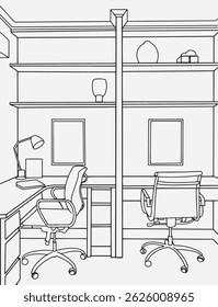 Living room graphic black, white home interior sketch illustration vector. Interior design with modern living room in black sketch line on white background, vector, illustration.