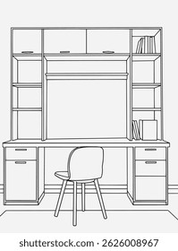 Living room graphic black, white home interior sketch illustration vector. Interior design with modern living room in black sketch line on white background, vector, illustration.