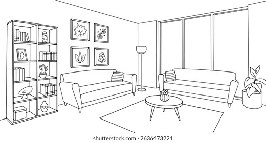 Living room graphic black white home interior sketch illustration vector 
