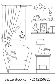 Living room graphic black white home interior vertical sketch illustration vector 