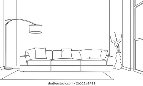 Living room graphic black white home interior sketch illustration vector.Illustration vector of a coloring page with interior home, sofa or living room isolated on white background.
