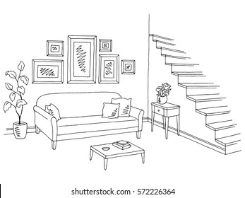 Living Room Graphic Black White Interior Sketch Illustration Vector