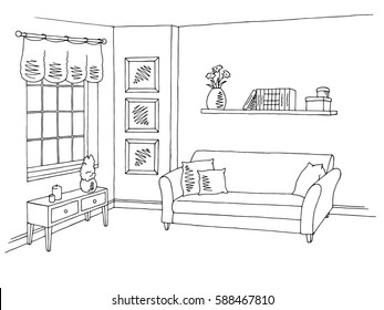 Living room graphic black white interior sketch illustration vector