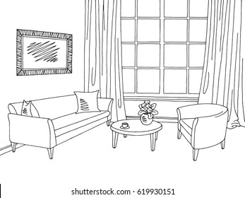 Living room graphic black white interior sketch illustration vector