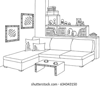 Living room graphic black white interior sketch illustration vector