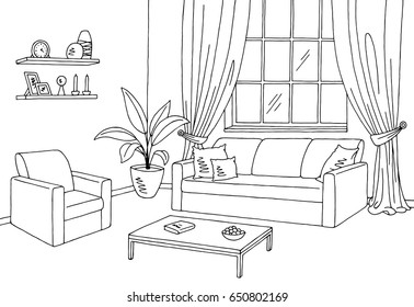 Living room graphic black white interior sketch illustration vector