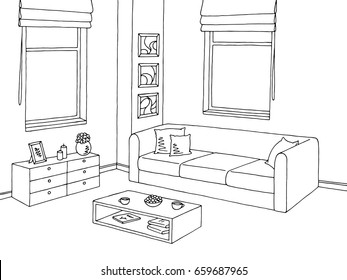 Living room. graphic black white interior. sketch illustration vector.