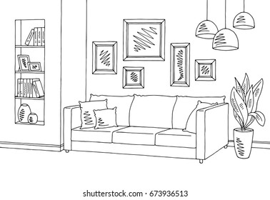 Living room graphic black white interior sketch illustration vector