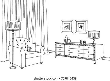 Living room graphic black white interior sketch illustration vector