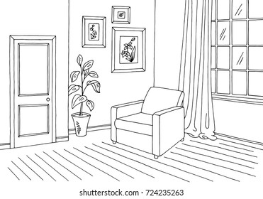 Living room graphic black white interior sketch illustration vector